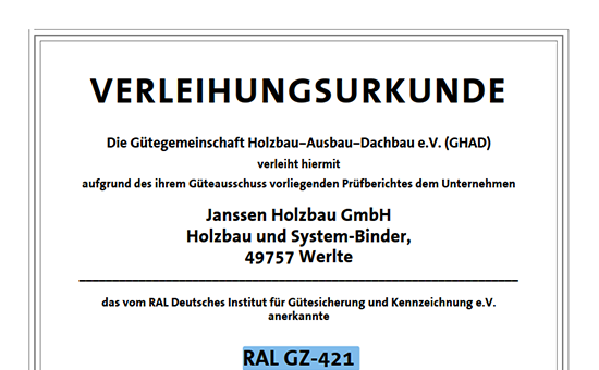 RAL GZ-421  Gütezeichen Holzrohelementherstellung